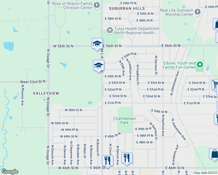 map of restaurants, bars, coffee shops, grocery stores, and more near 220 East 52nd Place North in Tulsa