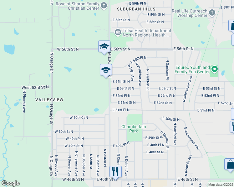 map of restaurants, bars, coffee shops, grocery stores, and more near 220 East 52nd Place North in Tulsa