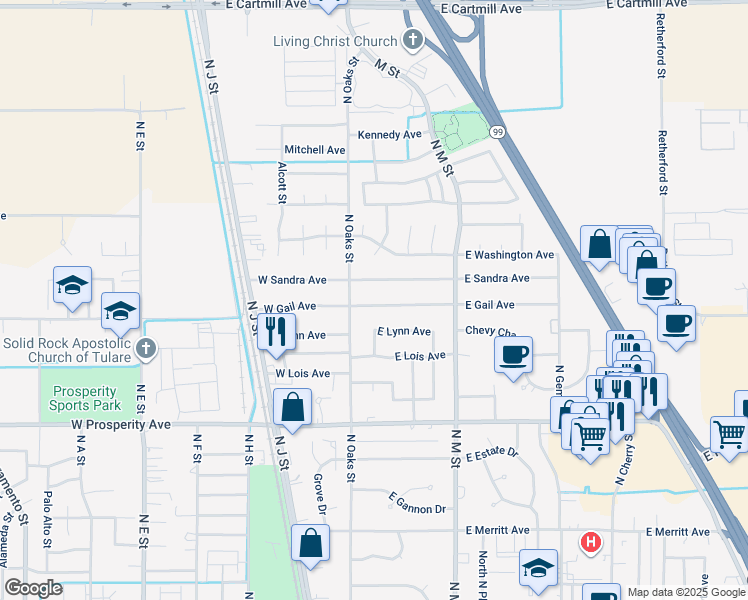 map of restaurants, bars, coffee shops, grocery stores, and more near 179 East Gail Avenue in Tulare