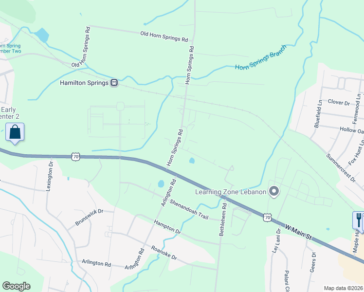 map of restaurants, bars, coffee shops, grocery stores, and more near 98 Horn Springs Road in Lebanon