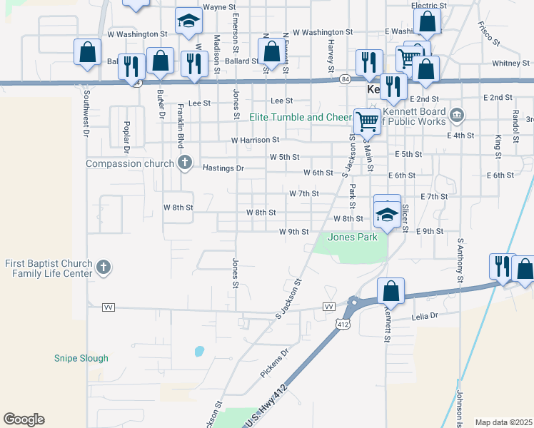 map of restaurants, bars, coffee shops, grocery stores, and more near 511 Walnut Street in Kennett