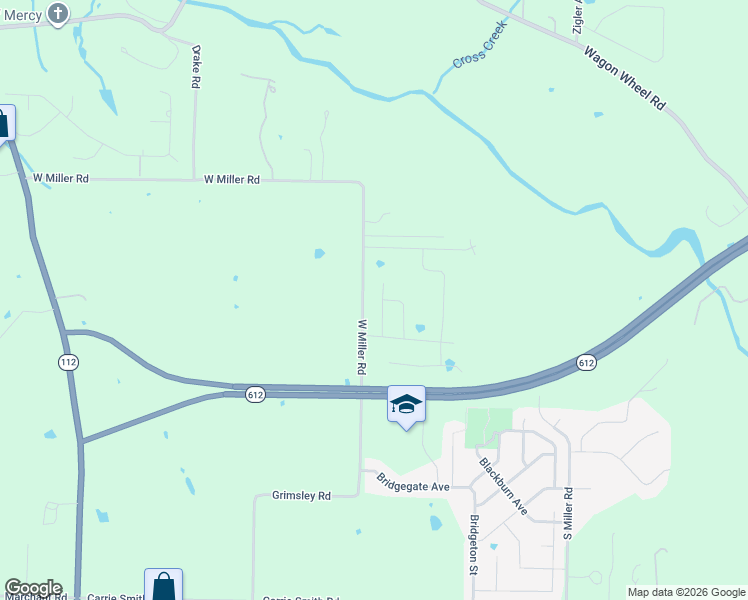 map of restaurants, bars, coffee shops, grocery stores, and more near 7863 West Miller Road in Springdale