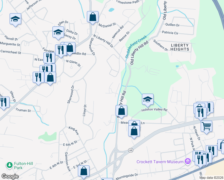 map of restaurants, bars, coffee shops, grocery stores, and more near 1021 North Liberty Hill Road in Morristown