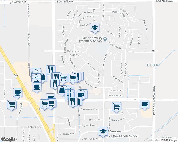 map of restaurants, bars, coffee shops, grocery stores, and more near 1572 Mateus Court in Tulare