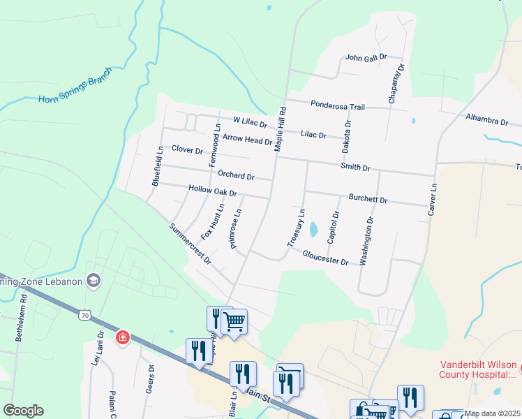 map of restaurants, bars, coffee shops, grocery stores, and more near 213 Maple Hill Road in Lebanon