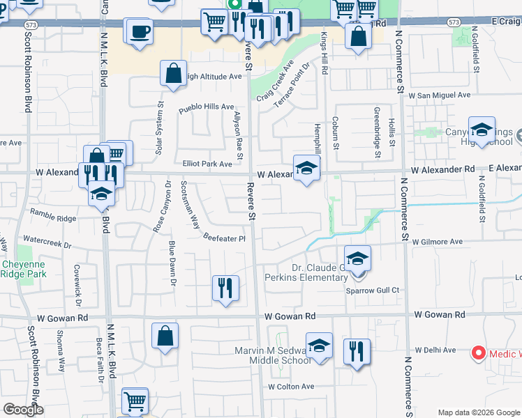 map of restaurants, bars, coffee shops, grocery stores, and more near 720 New Bridge Way in North Las Vegas