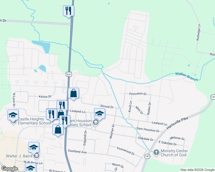 map of restaurants, bars, coffee shops, grocery stores, and more near 209 Princeton Drive in Lebanon