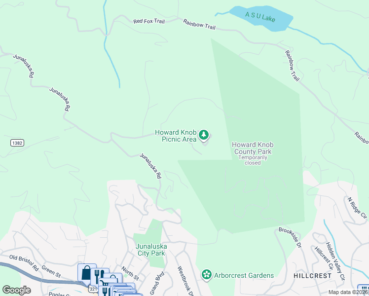 map of restaurants, bars, coffee shops, grocery stores, and more near 490 Howards Knob Road in Boone