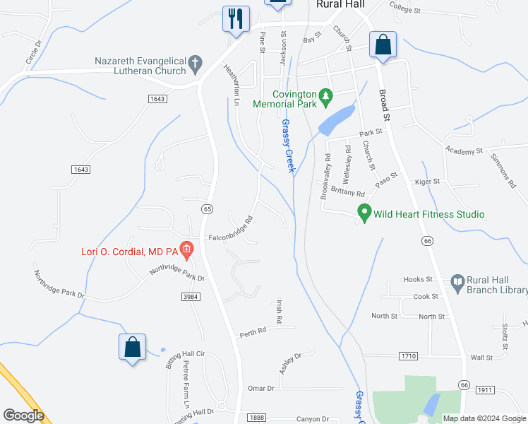 map of restaurants, bars, coffee shops, grocery stores, and more near 586 Darkbridge Road in Rural Hall