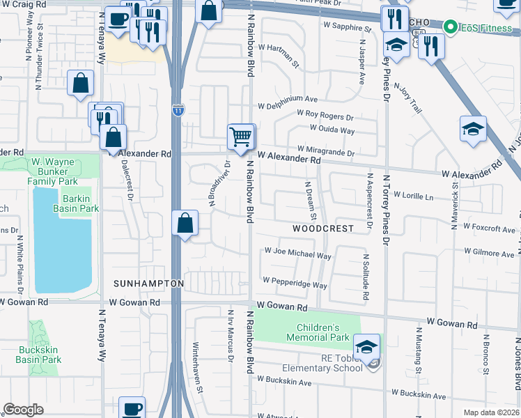 map of restaurants, bars, coffee shops, grocery stores, and more near 3836 North Rhine Way in Las Vegas