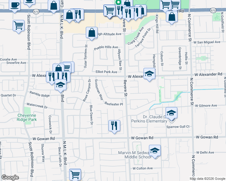 map of restaurants, bars, coffee shops, grocery stores, and more near 916 Bagpipe Court in North Las Vegas