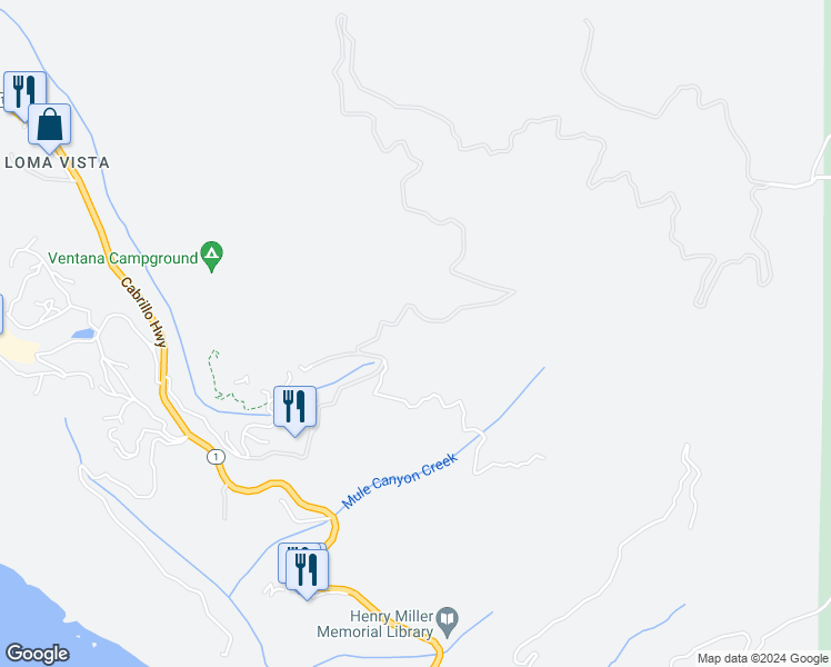 map of restaurants, bars, coffee shops, grocery stores, and more near 47600 Coast Ridge Road in Big Sur
