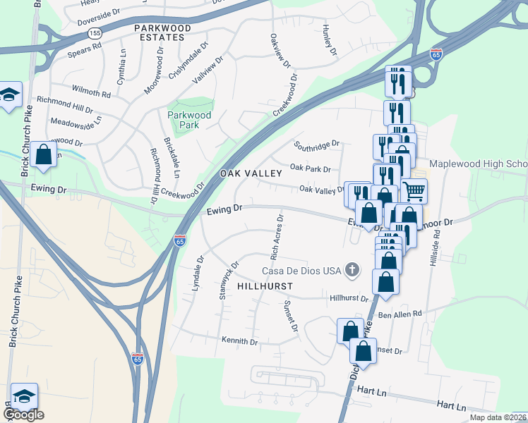 map of restaurants, bars, coffee shops, grocery stores, and more near 215 Ewing Drive in Nashville