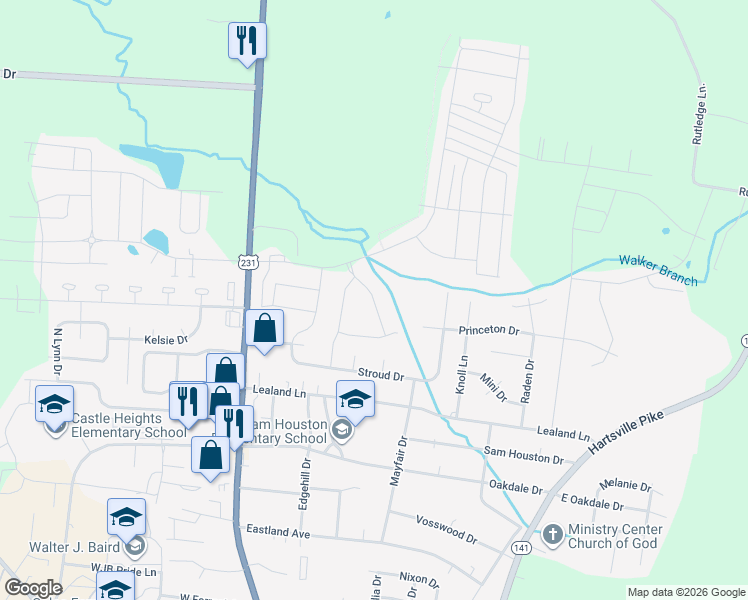 map of restaurants, bars, coffee shops, grocery stores, and more near Montgomery Place in Lebanon