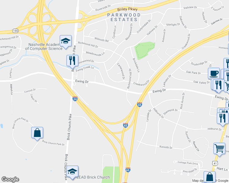 map of restaurants, bars, coffee shops, grocery stores, and more near 332 Ewing Drive in Nashville