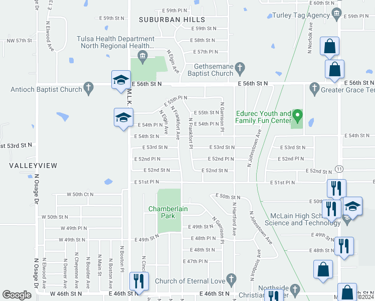 map of restaurants, bars, coffee shops, grocery stores, and more near 5242 North Frankfort Place in Tulsa