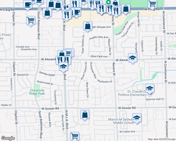 map of restaurants, bars, coffee shops, grocery stores, and more near 3931 Rose Canyon Drive in North Las Vegas