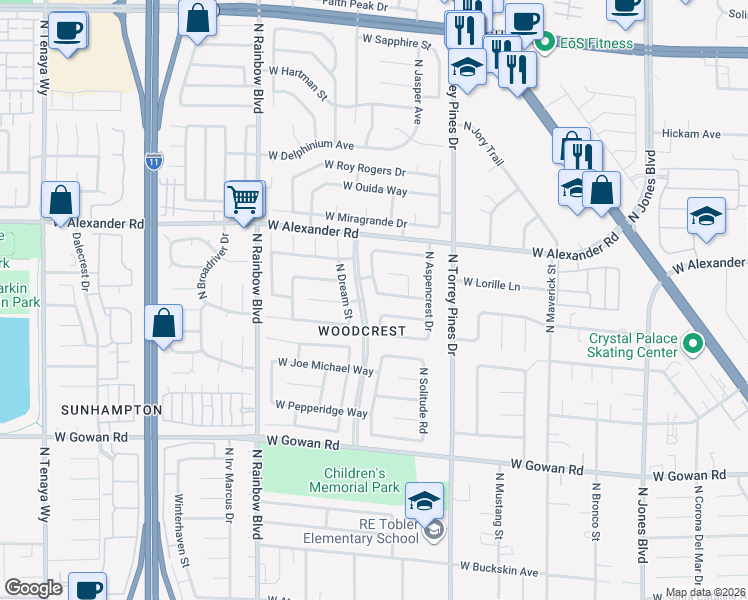 map of restaurants, bars, coffee shops, grocery stores, and more near 6465 West Plumcrest Road in Las Vegas