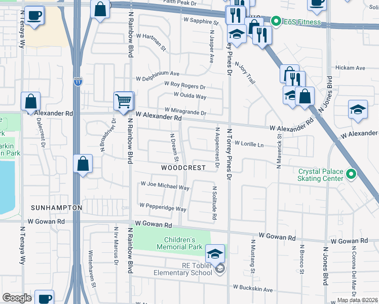 map of restaurants, bars, coffee shops, grocery stores, and more near 6465 West Plumcrest Road in Las Vegas