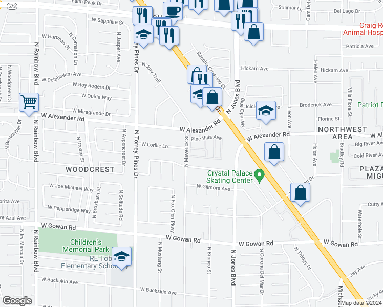 map of restaurants, bars, coffee shops, grocery stores, and more near 6200 West Lorille Lane in Las Vegas