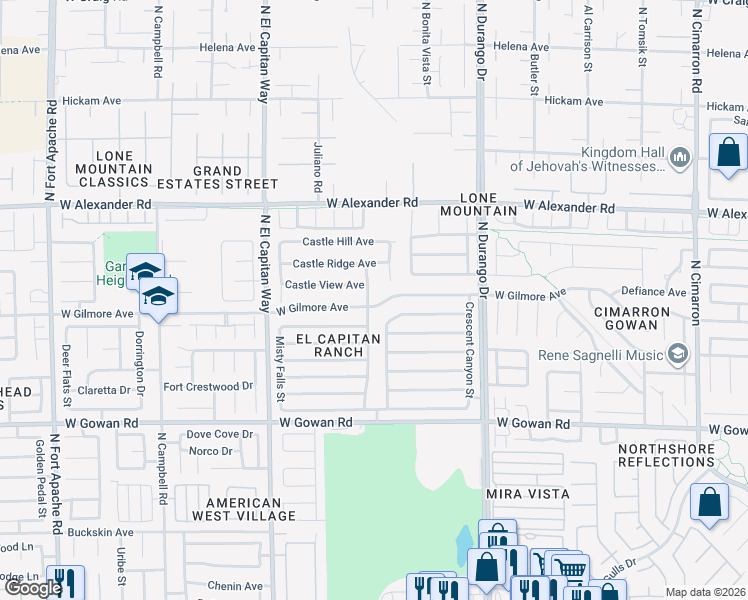 map of restaurants, bars, coffee shops, grocery stores, and more near 8700 Castle View Avenue in Las Vegas