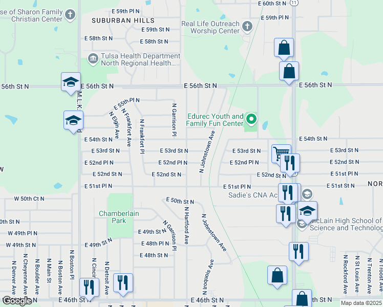 map of restaurants, bars, coffee shops, grocery stores, and more near 710 East 53rd Street North in Tulsa