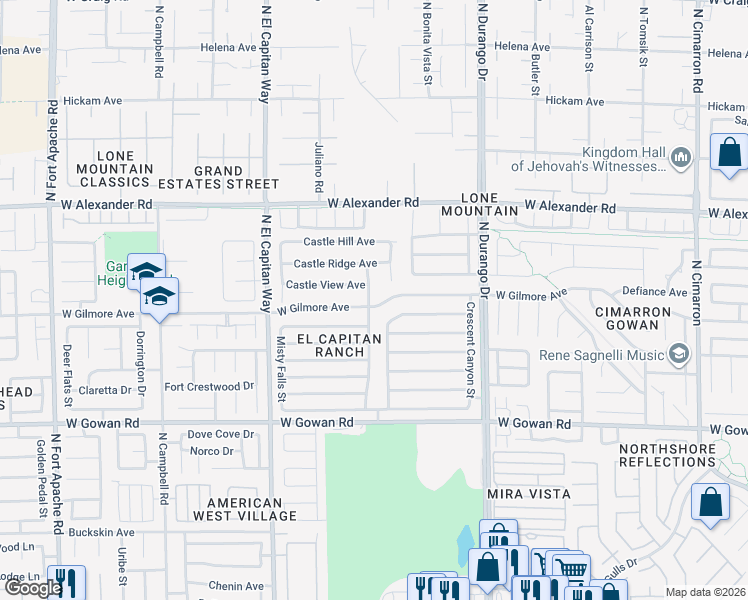map of restaurants, bars, coffee shops, grocery stores, and more near 8700 Castle View Avenue in Las Vegas