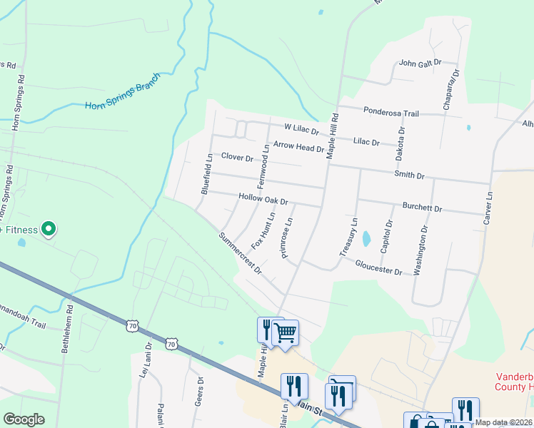 map of restaurants, bars, coffee shops, grocery stores, and more near 212 Fox Hunt Lane in Lebanon