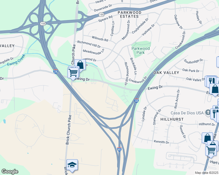 map of restaurants, bars, coffee shops, grocery stores, and more near 334 Ewing Drive in Nashville