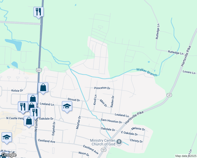 map of restaurants, bars, coffee shops, grocery stores, and more near 1411 Knoll Lane in Lebanon