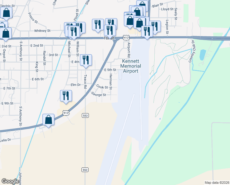 map of restaurants, bars, coffee shops, grocery stores, and more near 1599 Cook Street in Kennett