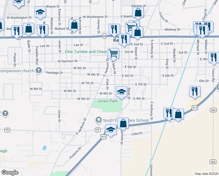 map of restaurants, bars, coffee shops, grocery stores, and more near 102 West 7th Street in Kennett