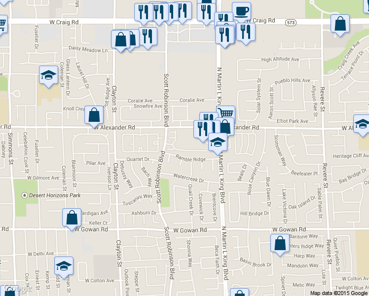 map of restaurants, bars, coffee shops, grocery stores, and more near 3940 Scott Robinson Boulevard in North Las Vegas