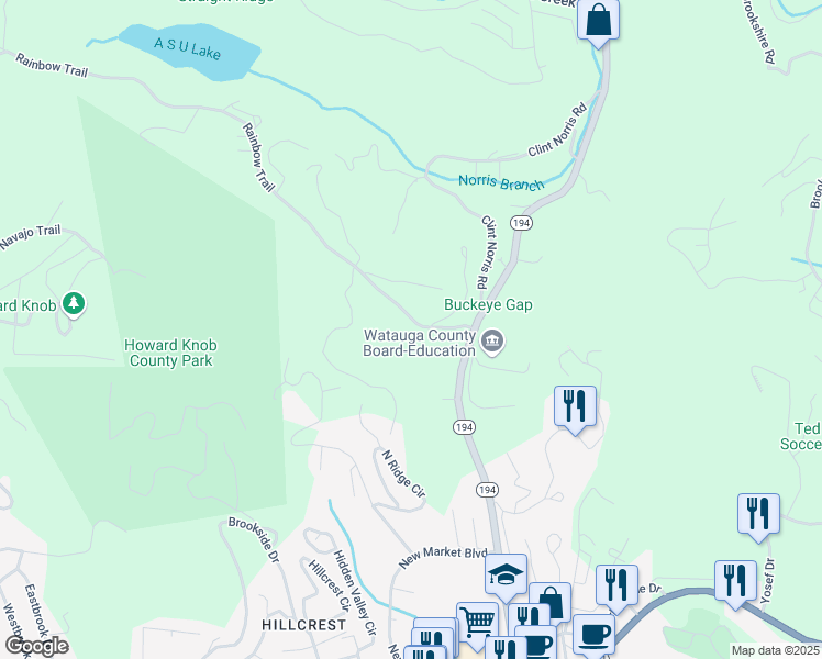 map of restaurants, bars, coffee shops, grocery stores, and more near 225 Rainbow Trail in Boone