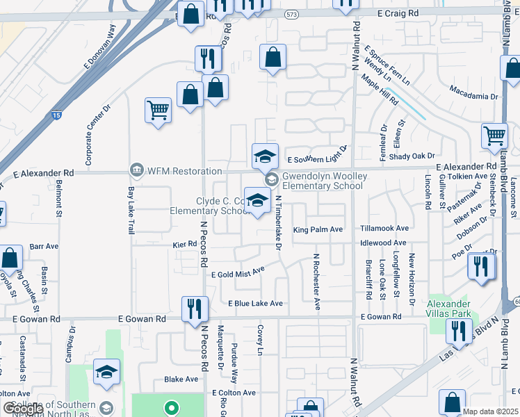 map of restaurants, bars, coffee shops, grocery stores, and more near 3855 North Timberlake Drive in Las Vegas