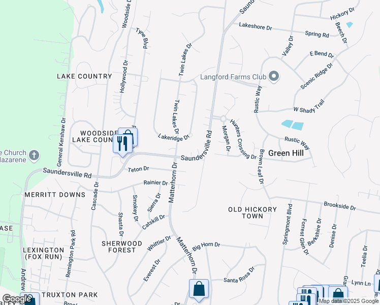 map of restaurants, bars, coffee shops, grocery stores, and more near 4949 Saundersville Road in Green Hill