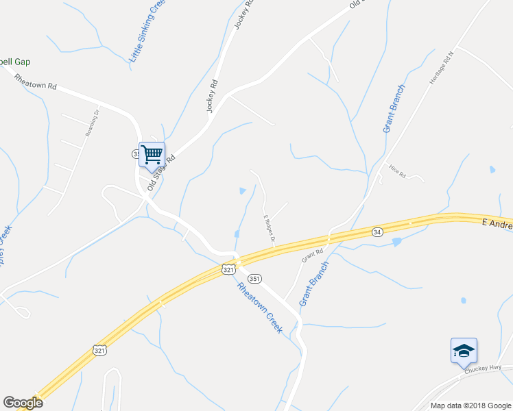 map of restaurants, bars, coffee shops, grocery stores, and more near 181 East Ridges Drive in Chuckey