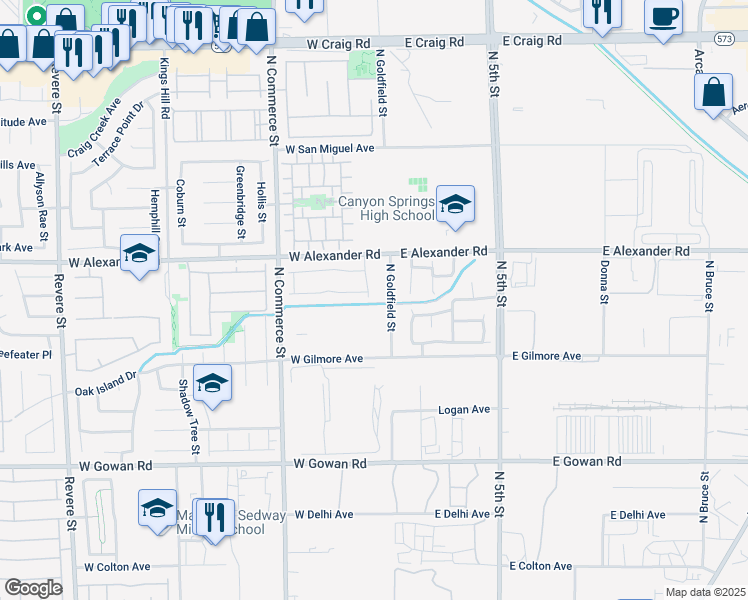 map of restaurants, bars, coffee shops, grocery stores, and more near 104 Spur Ranch Avenue in North Las Vegas