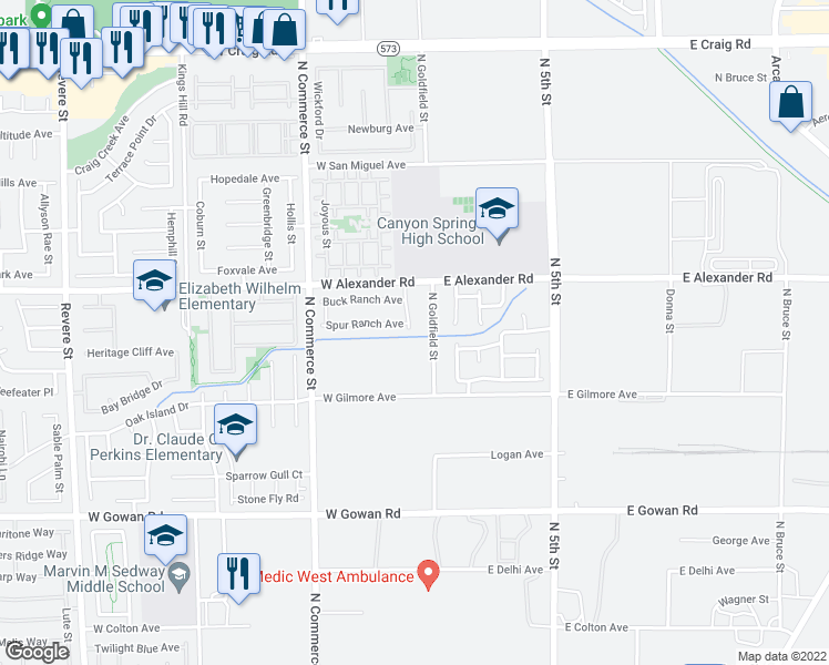 map of restaurants, bars, coffee shops, grocery stores, and more near 104 Spur Ranch Avenue in North Las Vegas