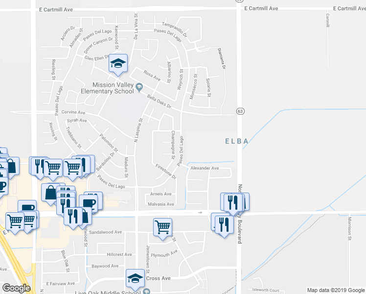 map of restaurants, bars, coffee shops, grocery stores, and more near 1714 Paseo Del Lago in Tulare