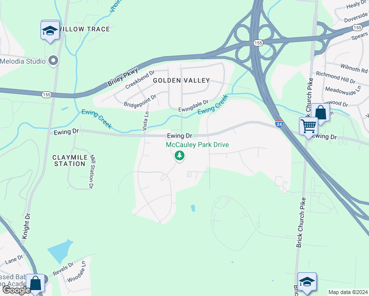 map of restaurants, bars, coffee shops, grocery stores, and more near 3055 Gwynnwood Drive in Nashville
