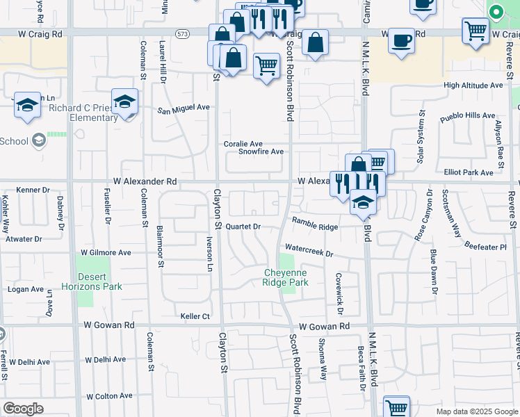 map of restaurants, bars, coffee shops, grocery stores, and more near 1881 West Alexander Road in North Las Vegas