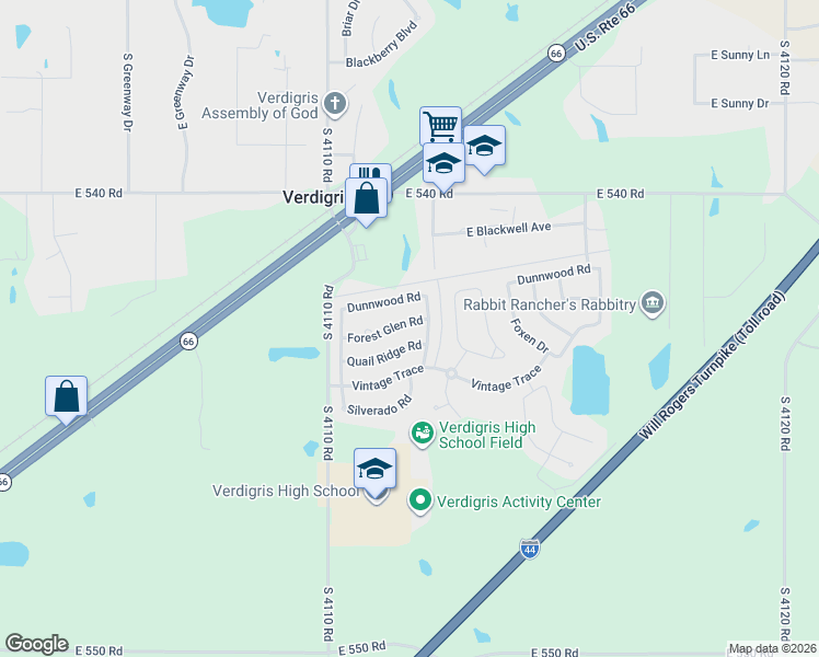 map of restaurants, bars, coffee shops, grocery stores, and more near 8103 Forest Glen Road in Claremore