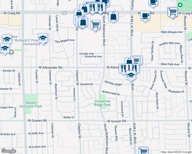 map of restaurants, bars, coffee shops, grocery stores, and more near 1881 West Alexander Road in North Las Vegas