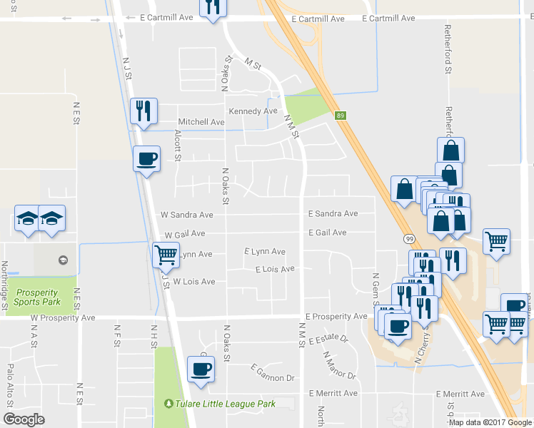 map of restaurants, bars, coffee shops, grocery stores, and more near 248 East Sandra Avenue in Tulare
