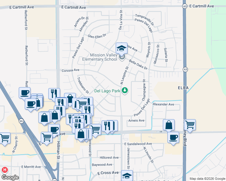 map of restaurants, bars, coffee shops, grocery stores, and more near 1767 Maduro Court in Tulare