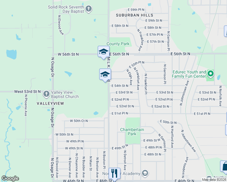 map of restaurants, bars, coffee shops, grocery stores, and more near 224 East 54th Street North in Tulsa