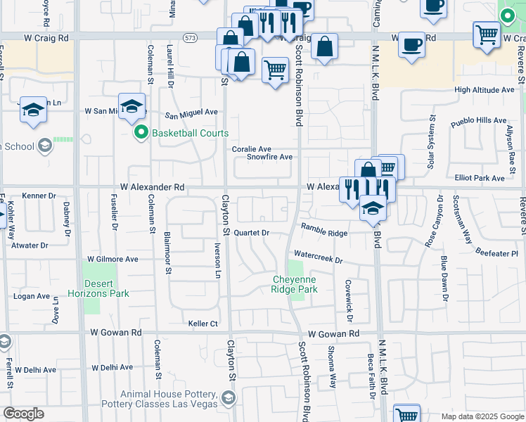 map of restaurants, bars, coffee shops, grocery stores, and more near 1881 West Alexander Road in North Las Vegas