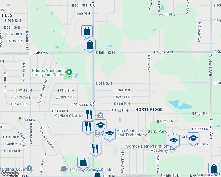 map of restaurants, bars, coffee shops, grocery stores, and more near 1355 East 53rd Street North in Tulsa