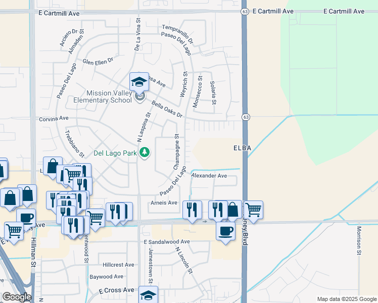 map of restaurants, bars, coffee shops, grocery stores, and more near 1762 Paseo Del Lago in Tulare